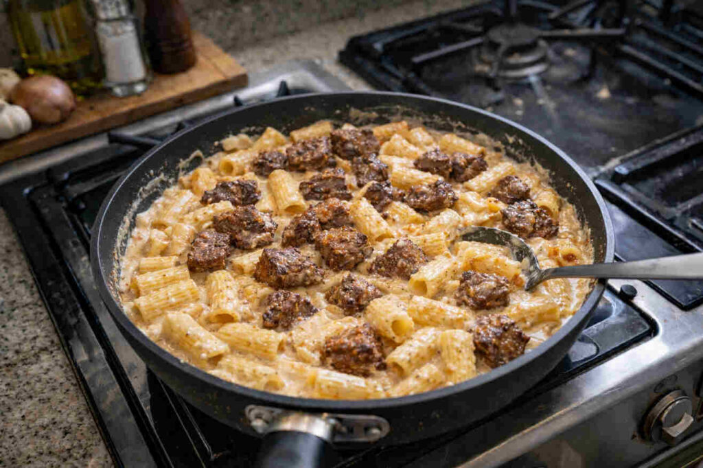 Cajun Steak Tips in Cheesy Rigatoni Parmesan Sauce