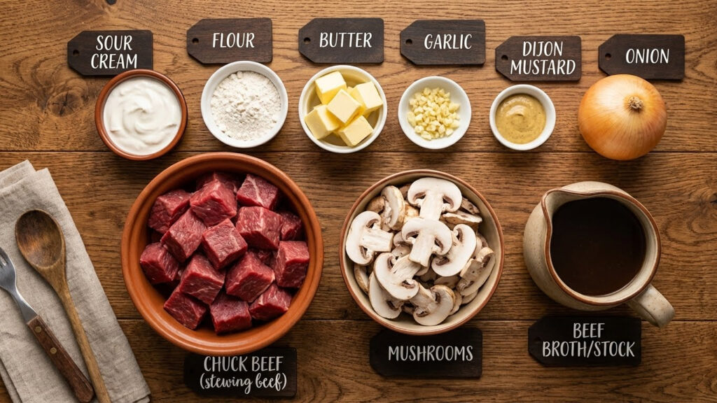 ingredients for slow cooker beef stroganoff stew