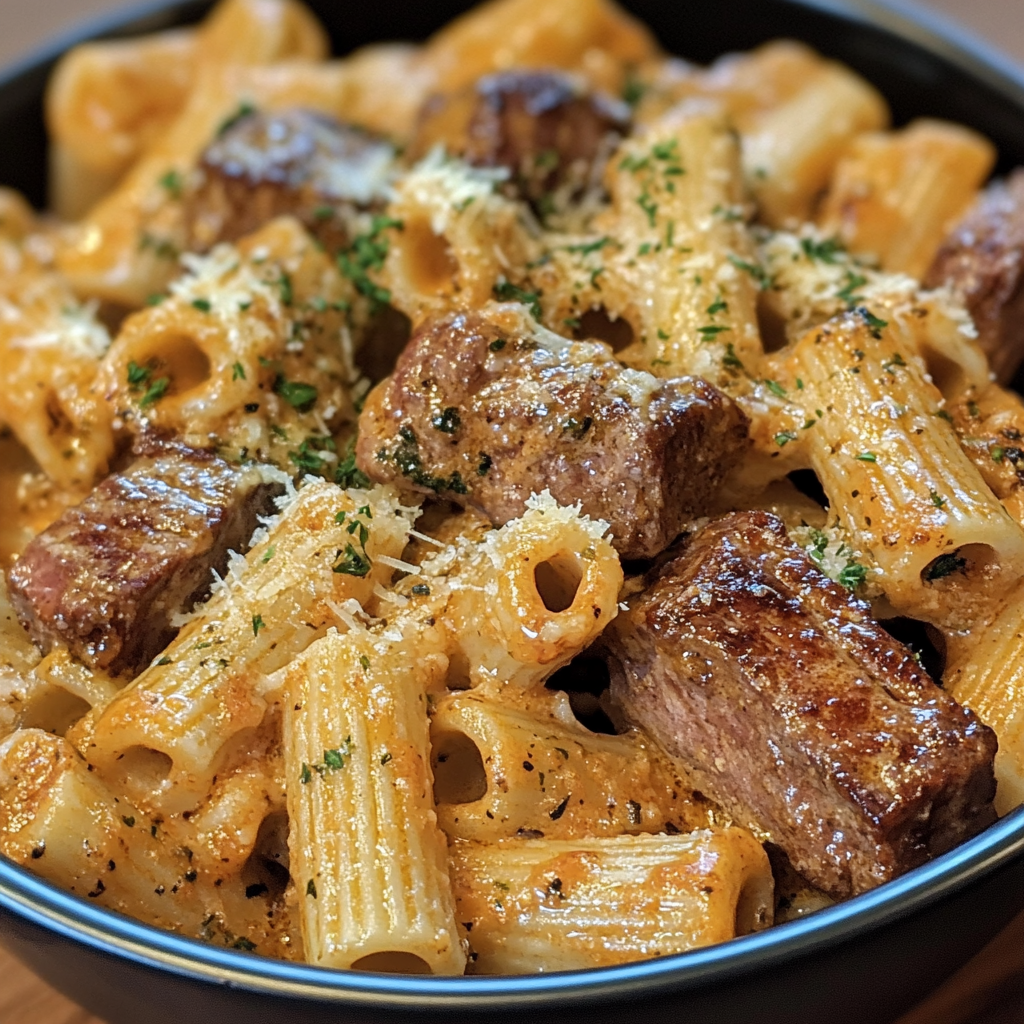 Cajun Steak Tips in Cheesy Rigatoni Parmesan Sauce