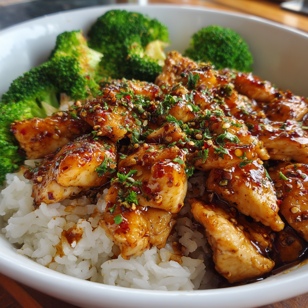 High-Protein Garlic Chicken Bowl with rice and avocado