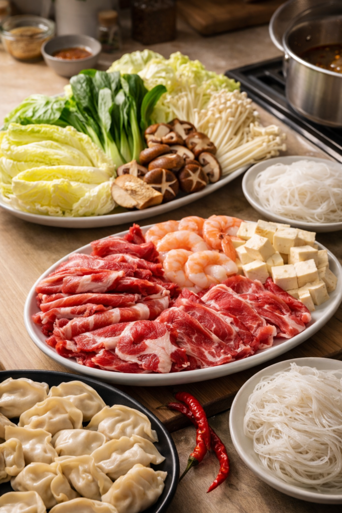 Spicy Sichuan Hot Pot with beef tofu vegetables and chili broth