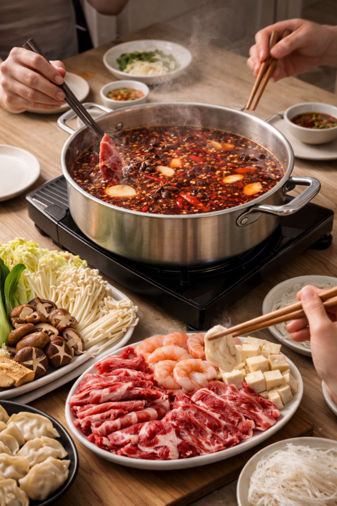 Spicy Sichuan Hot Pot with beef tofu vegetables and chili broth