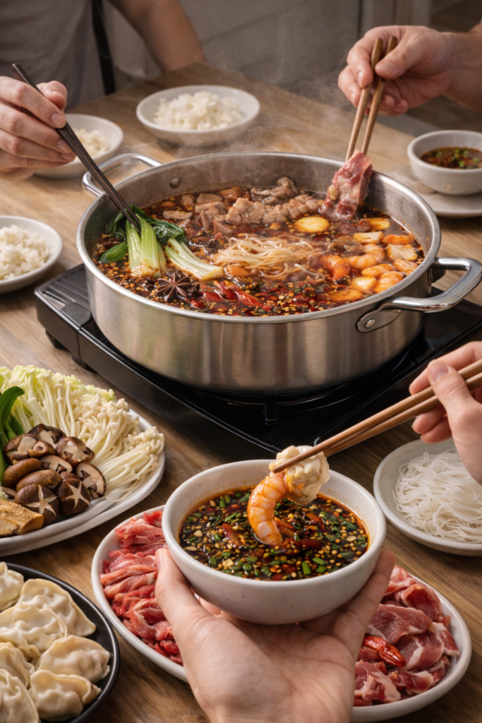 Spicy Sichuan Hot Pot with beef tofu vegetables and chili broth