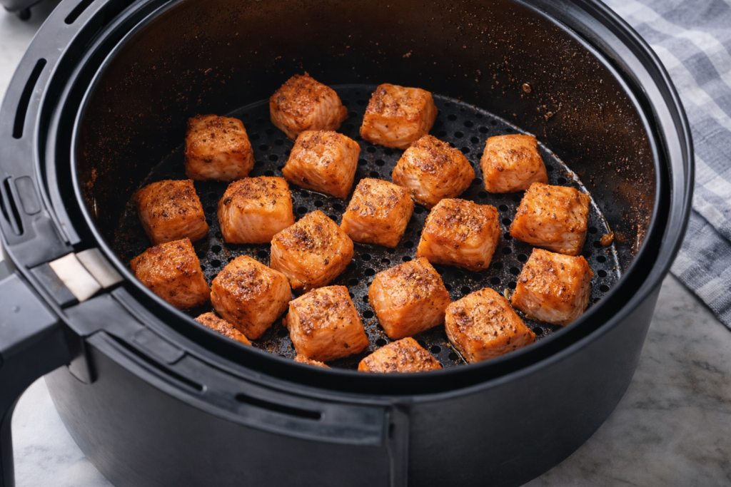 salmon bites cooking in air fryer