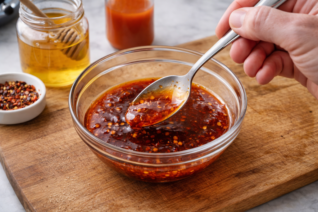 mixing spicy honey sauce in bowl
