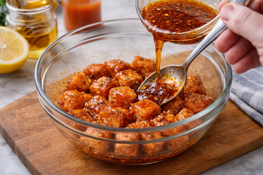 coating crispy salmon with honey glaze