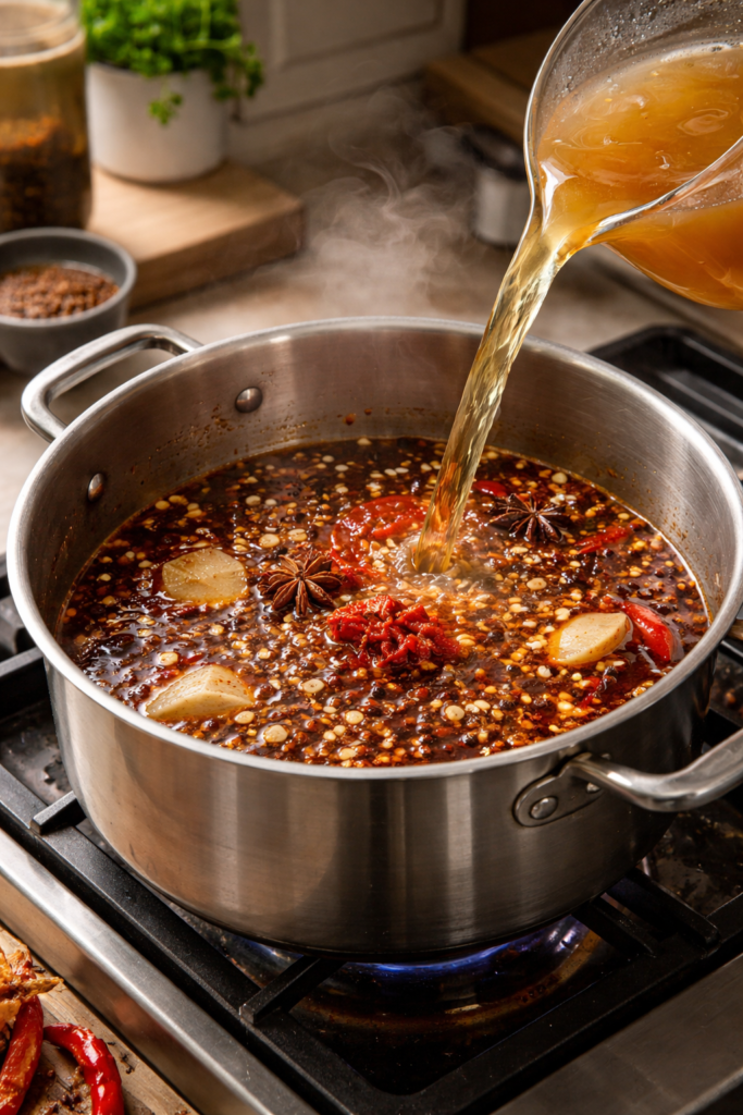 Spicy Sichuan Hot Pot with beef tofu vegetables and chili broth