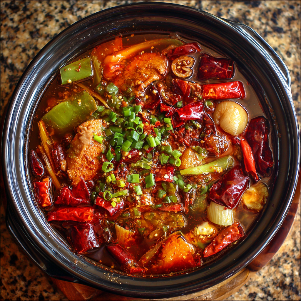 Spicy Sichuan Hot Pot with beef tofu vegetables and chili broth
